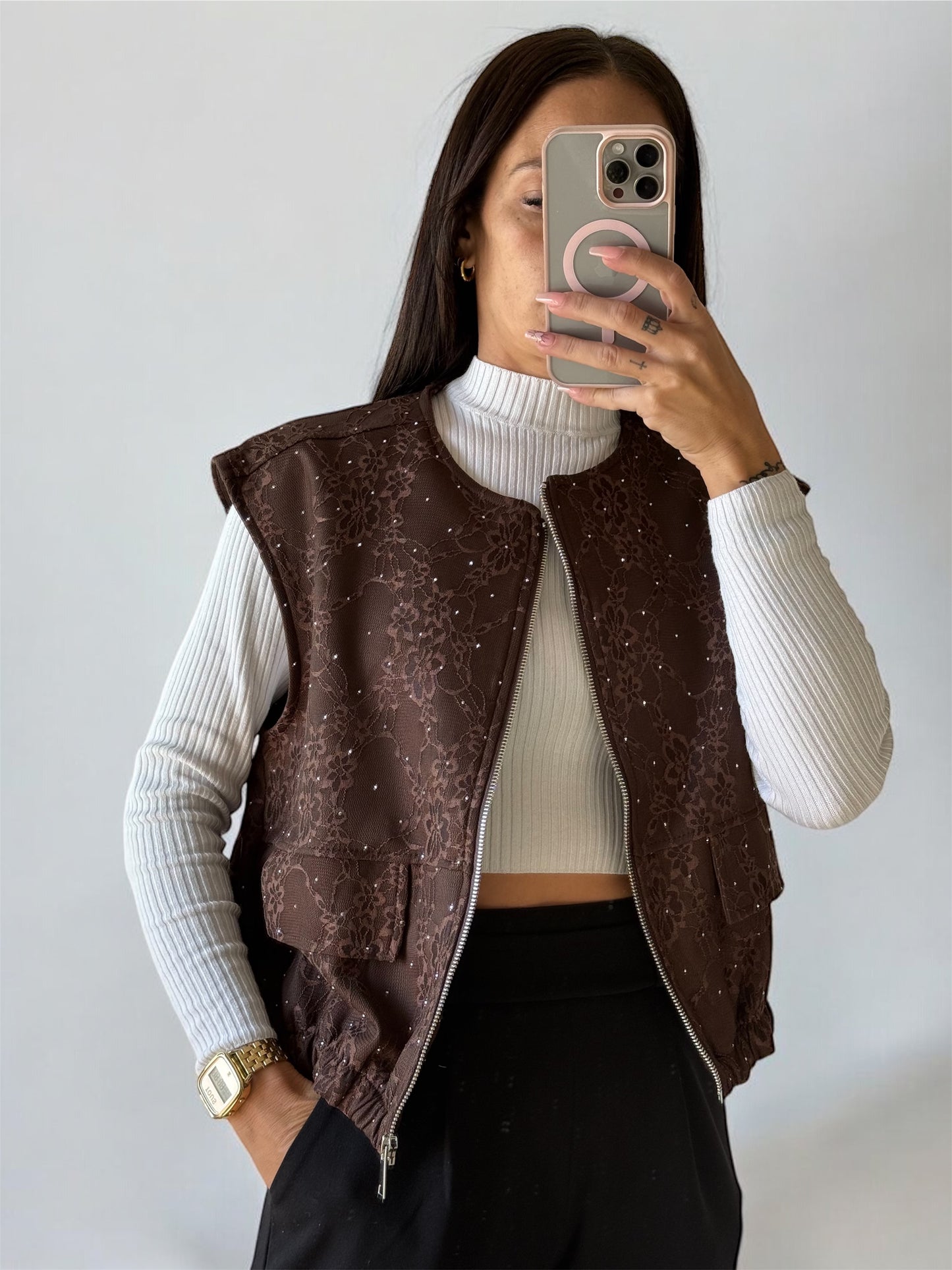 CHALECO GLITTER BROWN